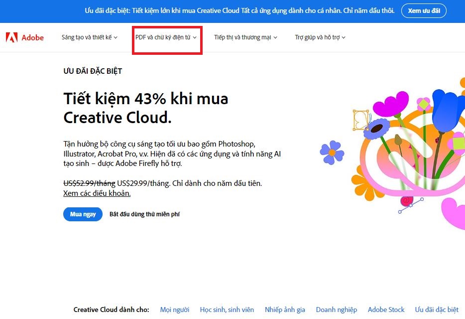 Trên trang adobe chọn PDF và chữ ký điện tử