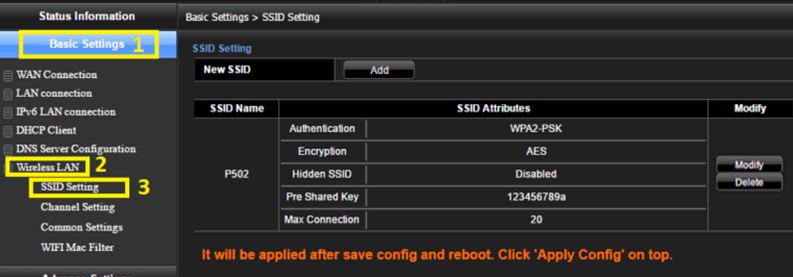 Chọn Basic Settings > Wireless Lan > SSID Setting 