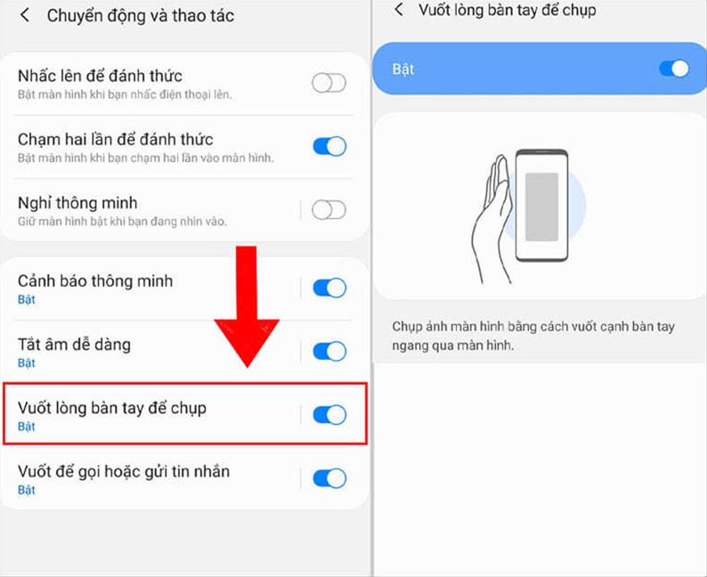 Vuốt lòng bàn tay để chụp màn hình samsung