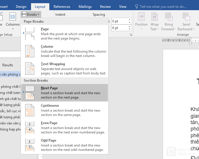 Chọn Layout chọn Break chon next page