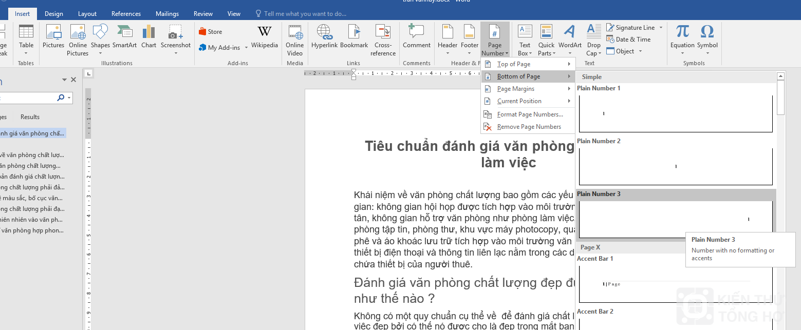 Chọn Insert > Page Number > chọn vị trí đánh số trang