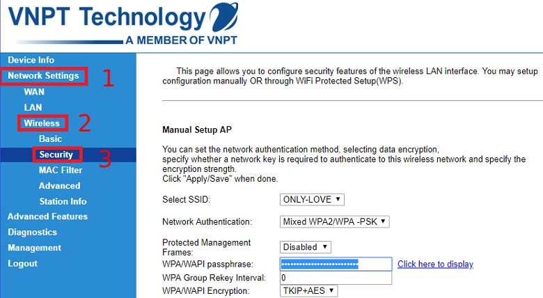 Nhấn vào "Network Settings" > "Wireless" > "Security".