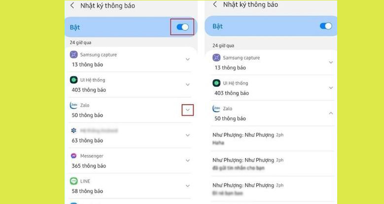 Bật nhật ký thông báo rồi chọn zalo