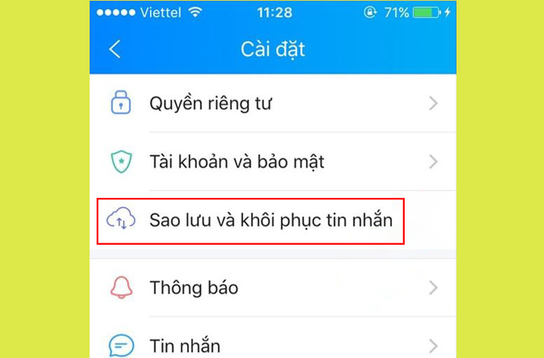 Chọn mục sao lưu và khôi phục tin nhắn