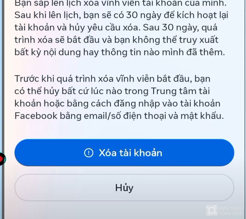 Xác nhận xóa tài khoản FB