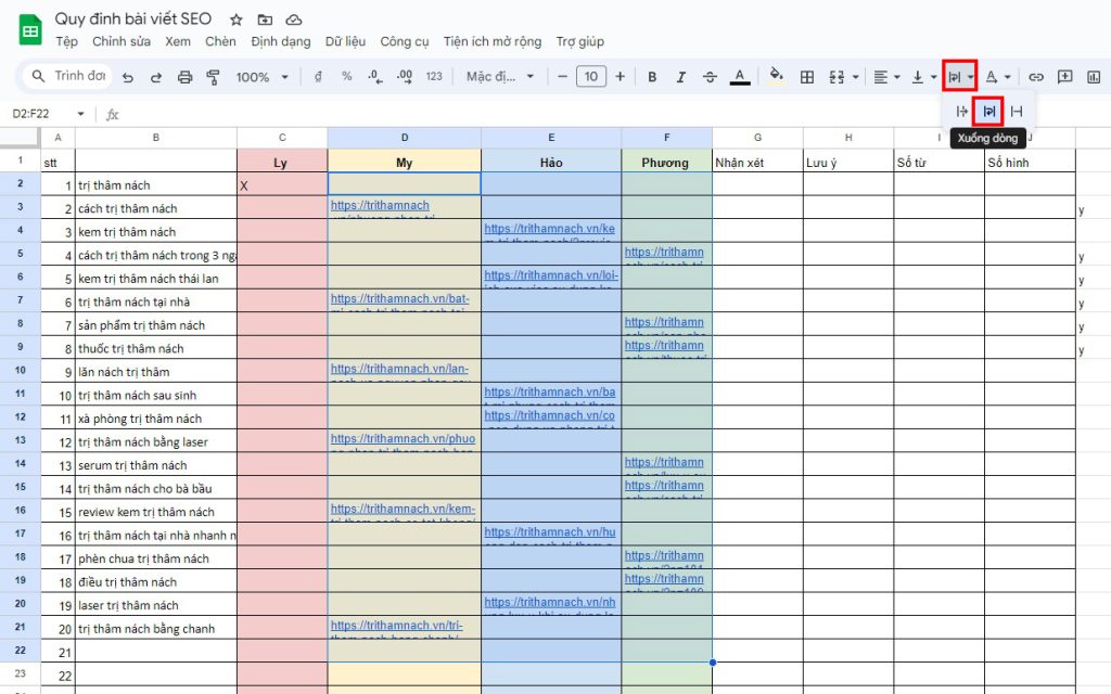 Xuống dòng trong google Sheet