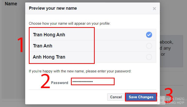 Nhập lại pass sau khi Đổi tên trên facebook 